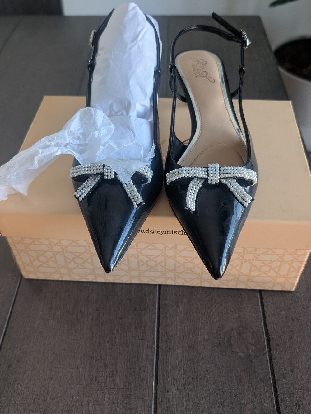Bow-Embellished Black Patent Slingback Pumps